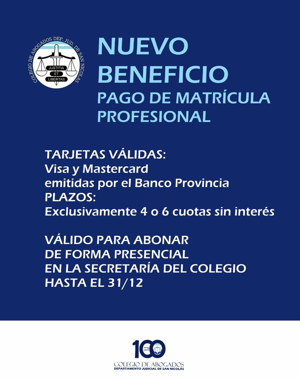 NUEVO BENEFICIO PARA MATRICULADOS Y MATRICULADAS
