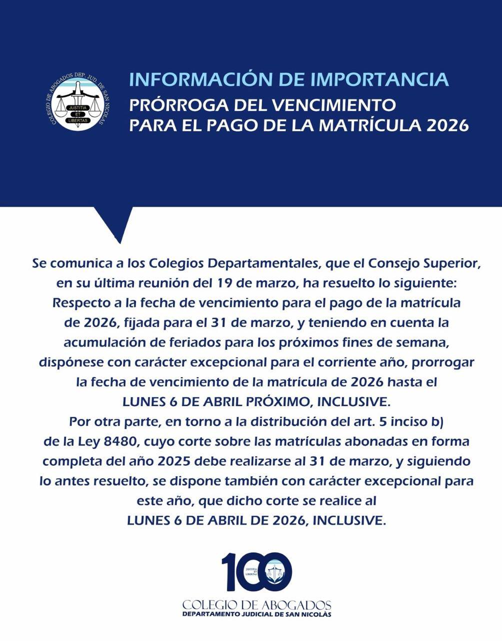 PRÓRROGA DEL VENCIMIENTOPARA EL PAGO DE LA MATRÍCULA 2026